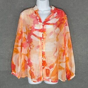 Chico's Watercolor‎ Blouse Button Up Long Sleeve Semi Sheer Top Sz 2 Large Artsy